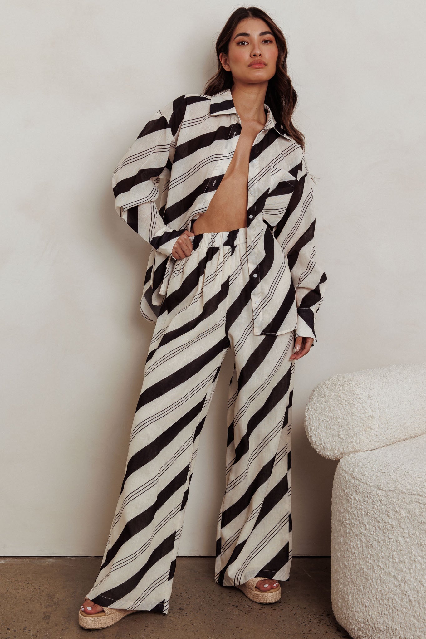 Alex Elastic Waist Striped Print Pant Black/Cream Secondary image
