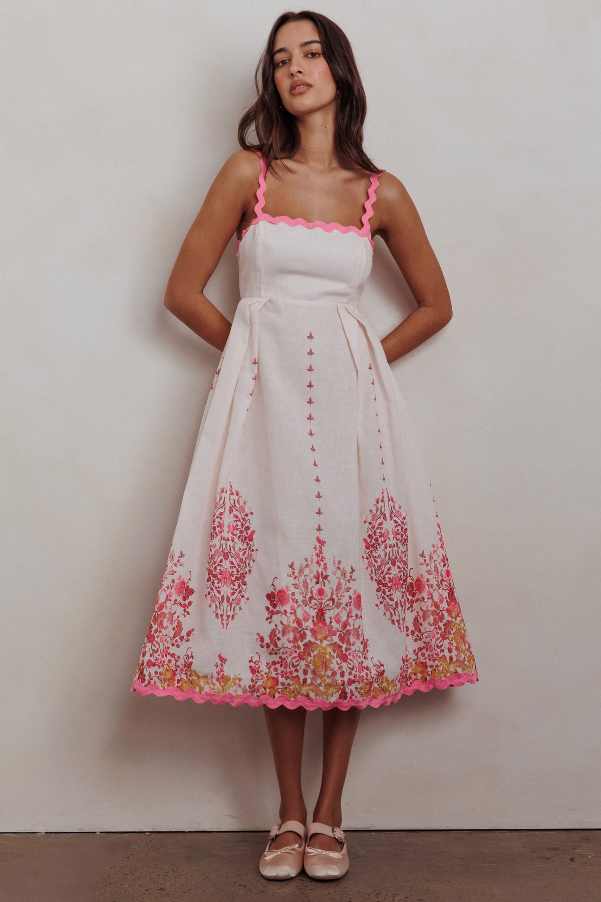 Asami Floral Print Ric Rac Trim Midi Dress Blush Main image