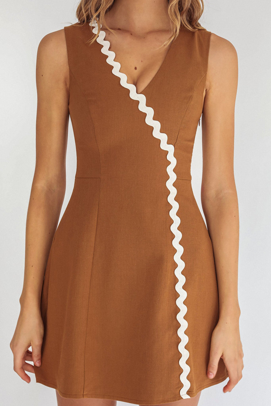Make You Mine V-Neck Ric-Rac Mini Dress Brown