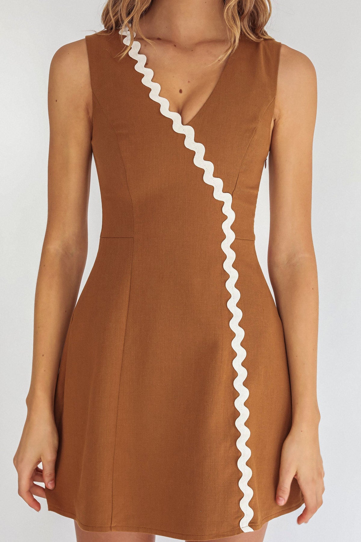 Make You Mine V-Neck Ric-Rac Mini Dress Brown