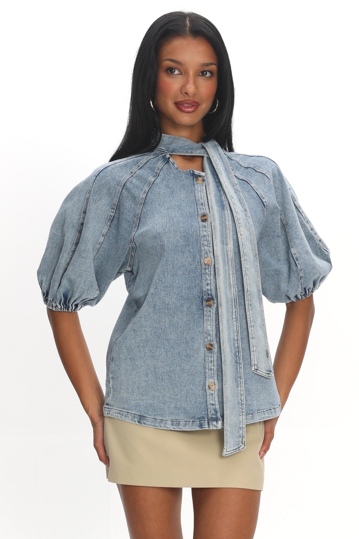 Notice Me Puff Sleeve Neck Bow Top Denim Blue Main image