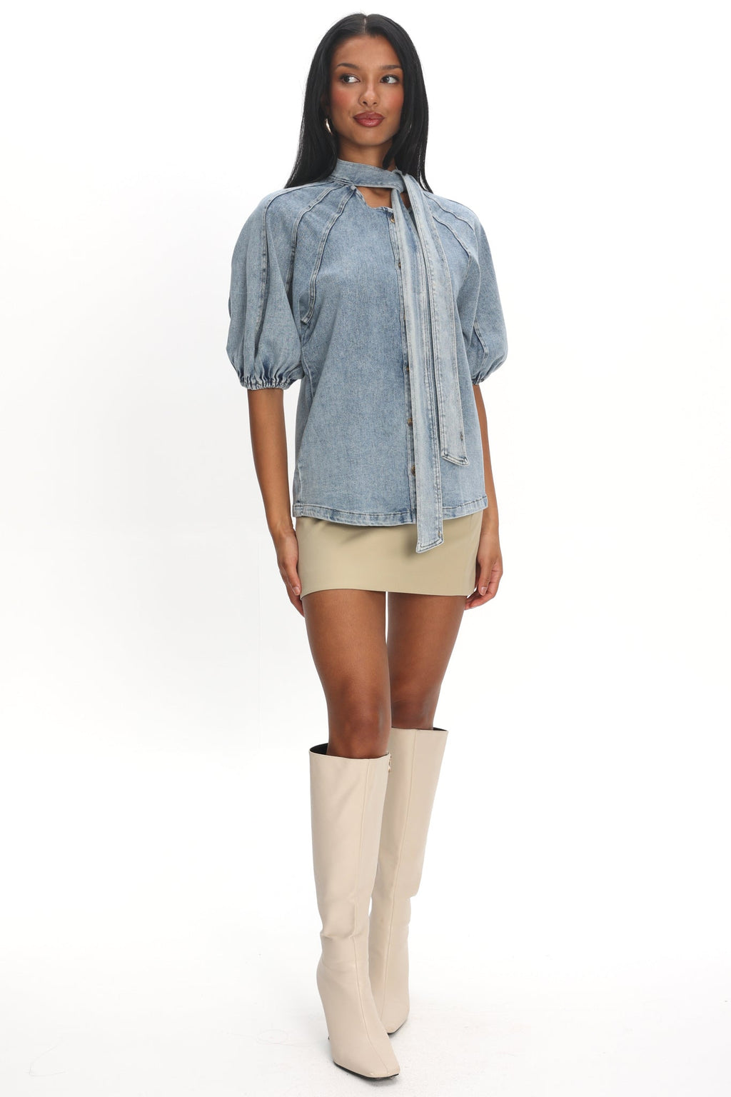 Notice Me Puff Sleeve Neck Bow Top Denim Blue
