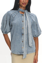 Notice Me Puff Sleeve Neck Bow Top Denim Blue