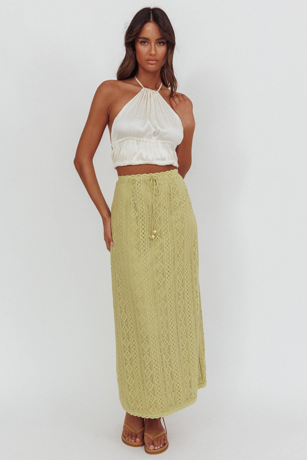Days Away Crochet Lace Maxi Skirt Moss