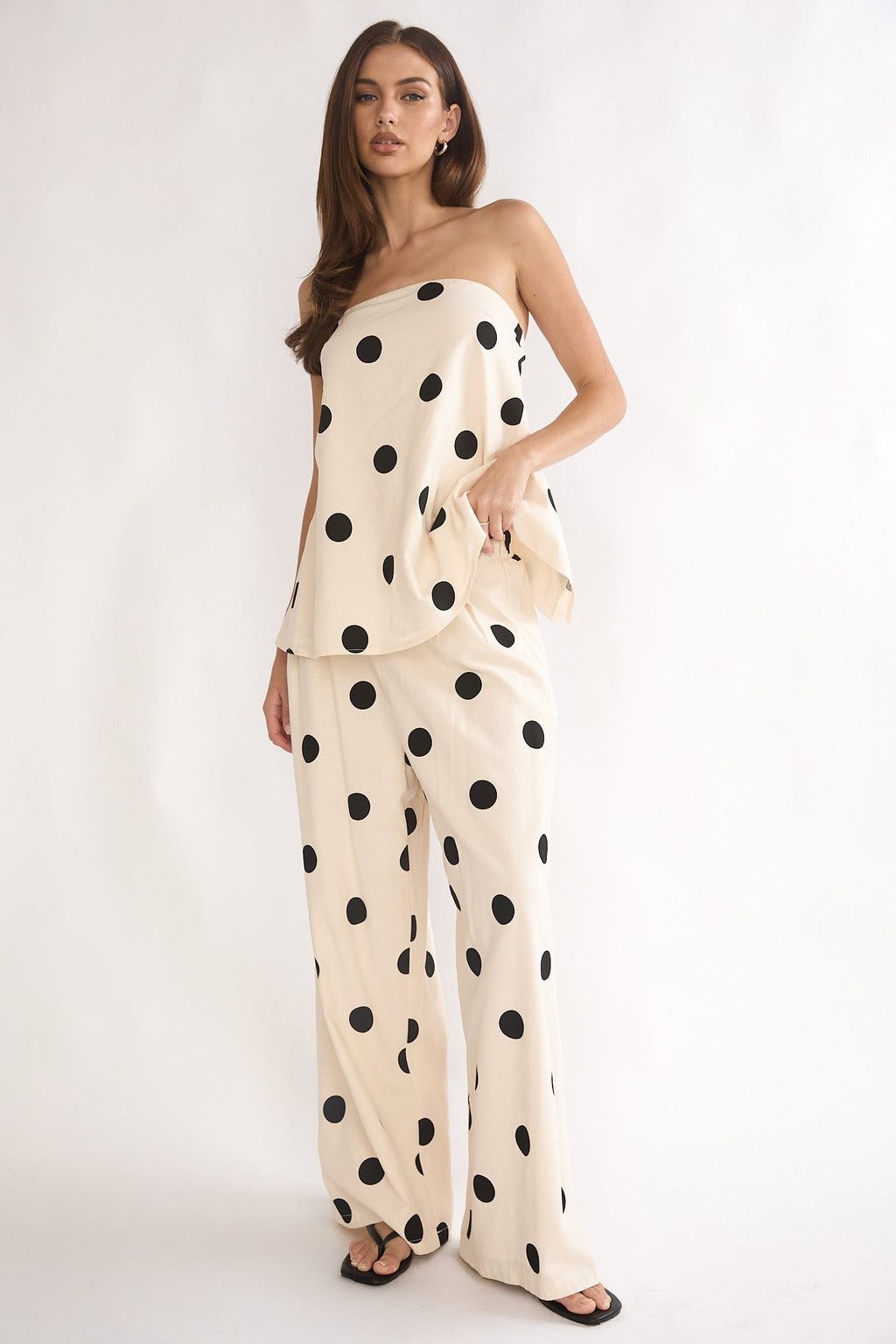 Loraya Wide Leg Pleat Pants Polka Dot Beige/Black