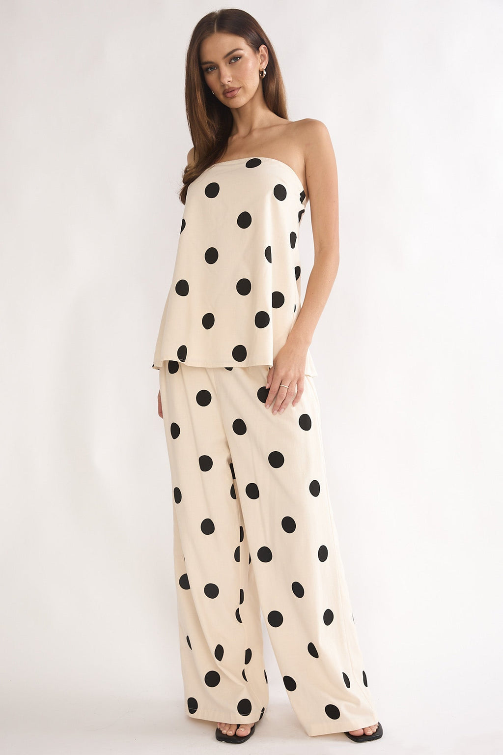 Loraya Wide Leg Pleat Pants Polka Dot Beige/Black