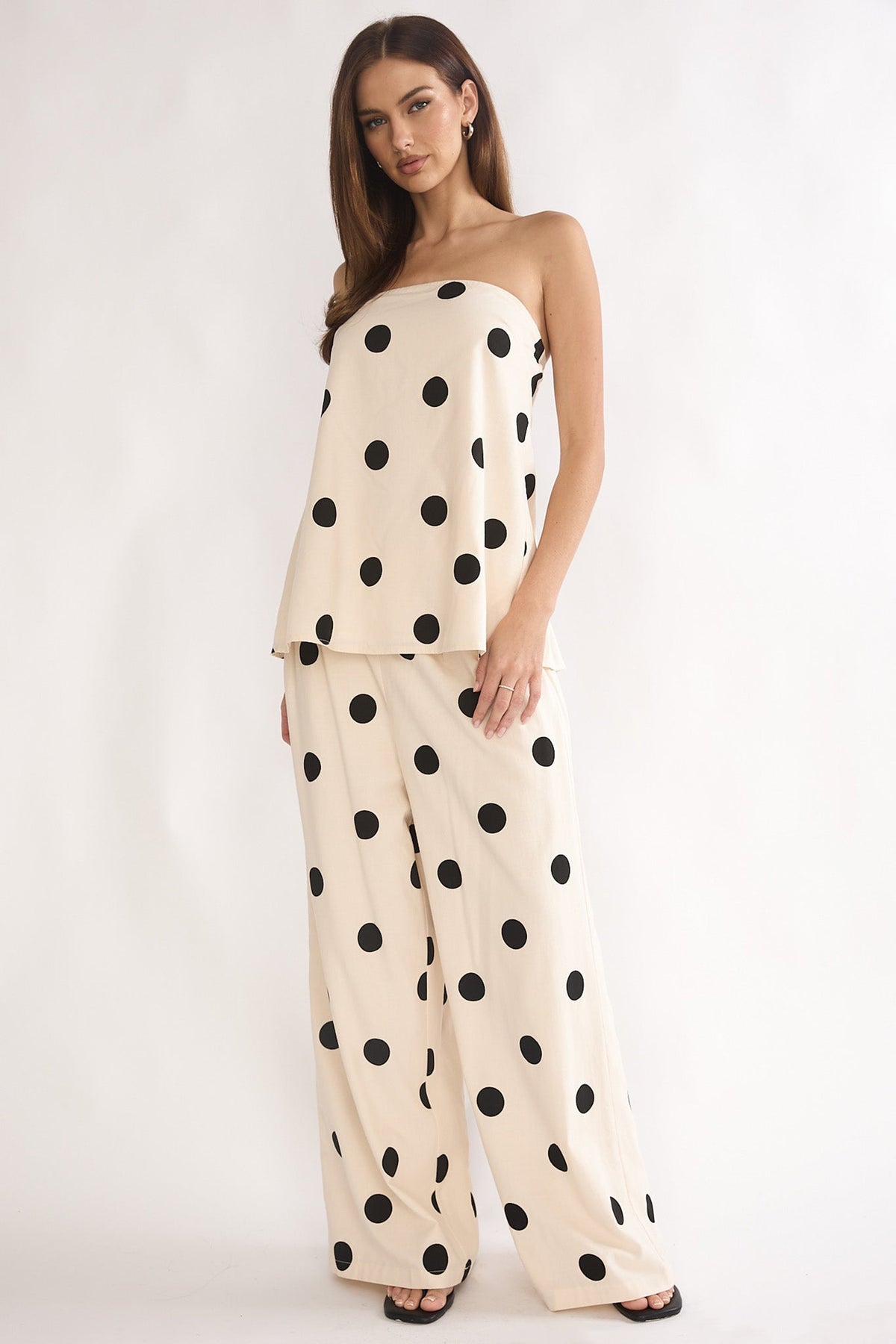 Loraya Wide Leg Pleat Pants Polka Dot Beige/Black