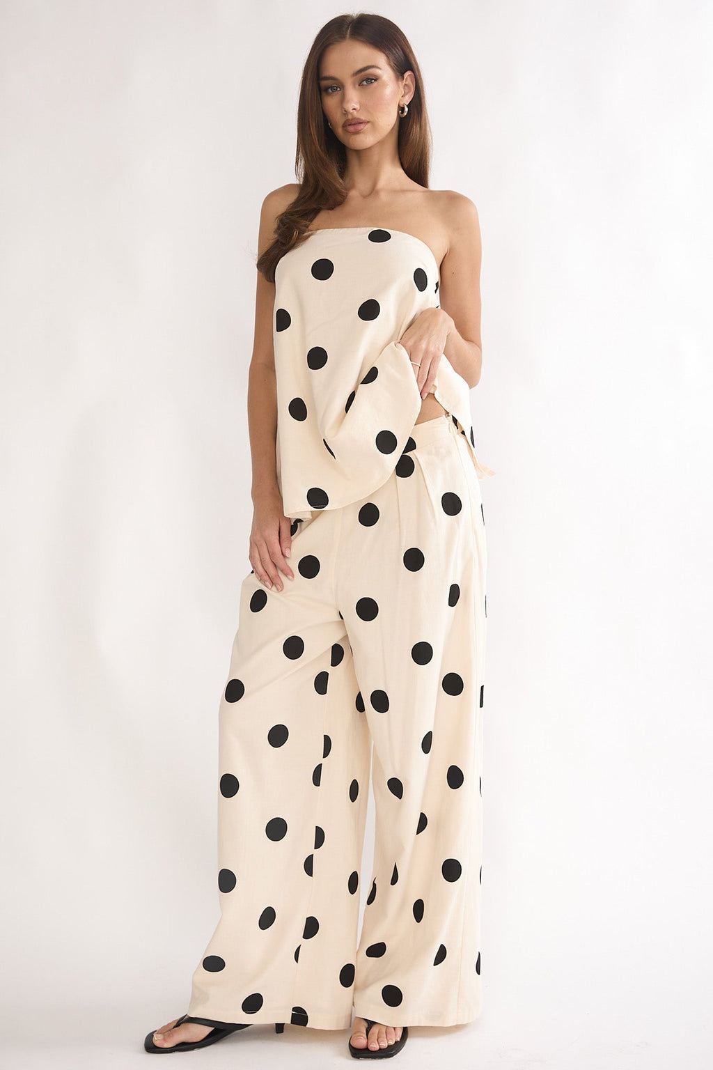 Loraya Wide Leg Pleat Pants Polka Dot Beige/Black