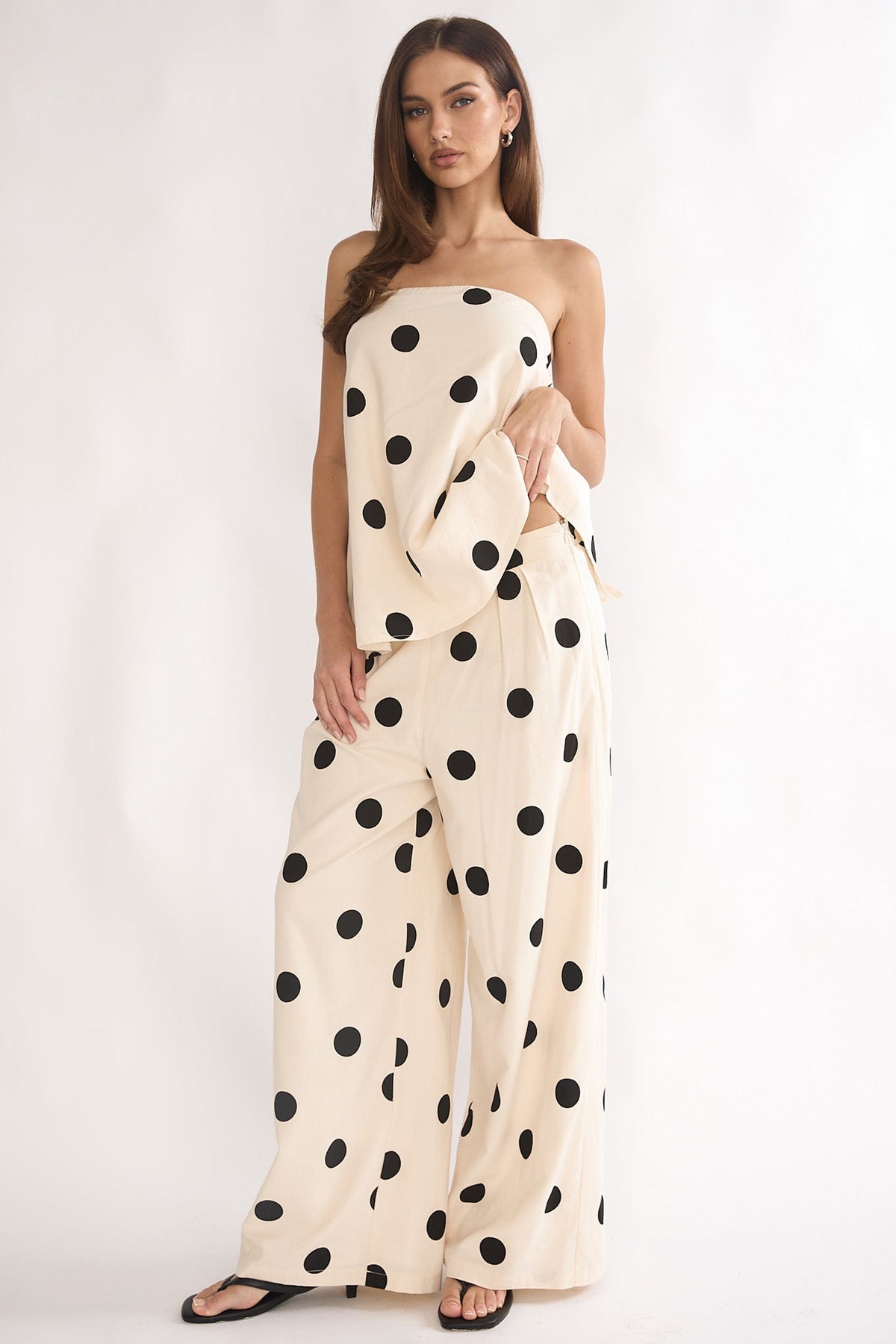 Loraya Wide Leg Pleat Pants Polka Dot Beige/Black