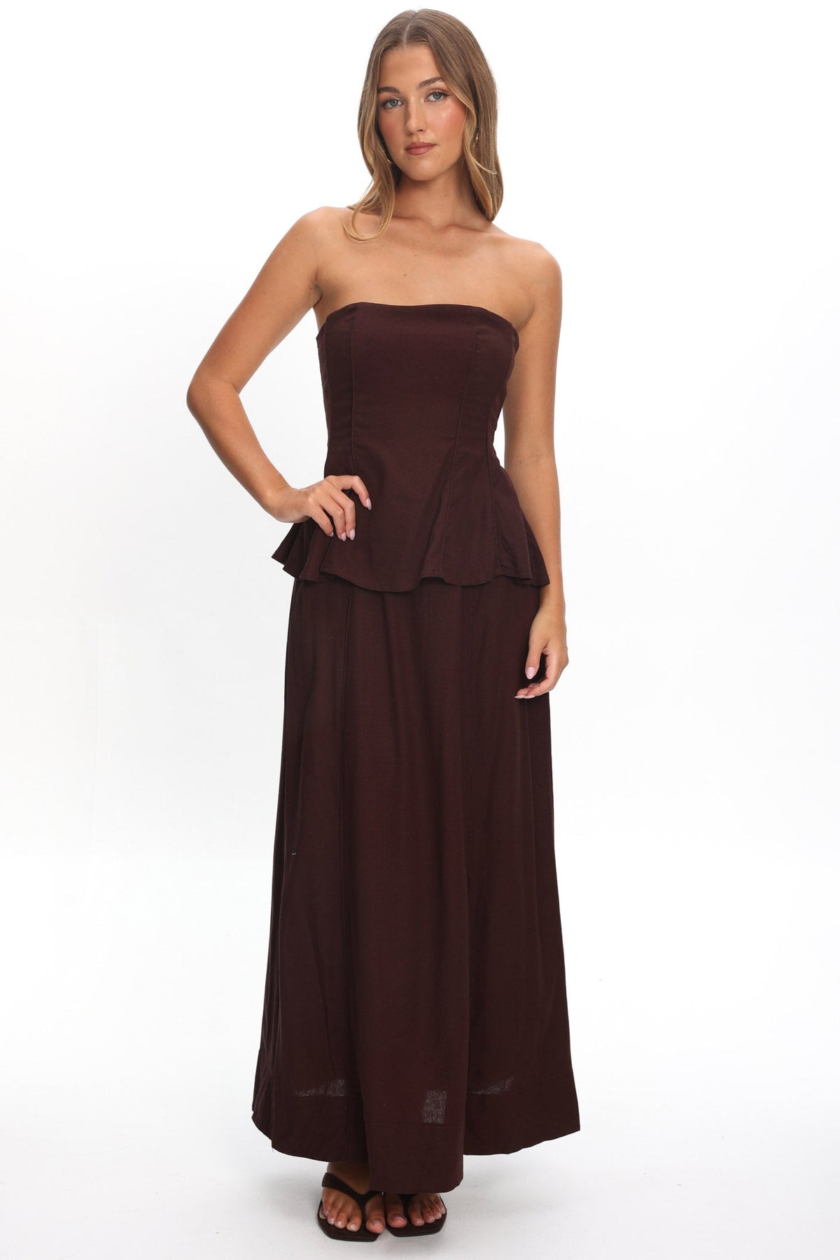 Synthia Peplum Waist Maxi Dress Chocolate Main image