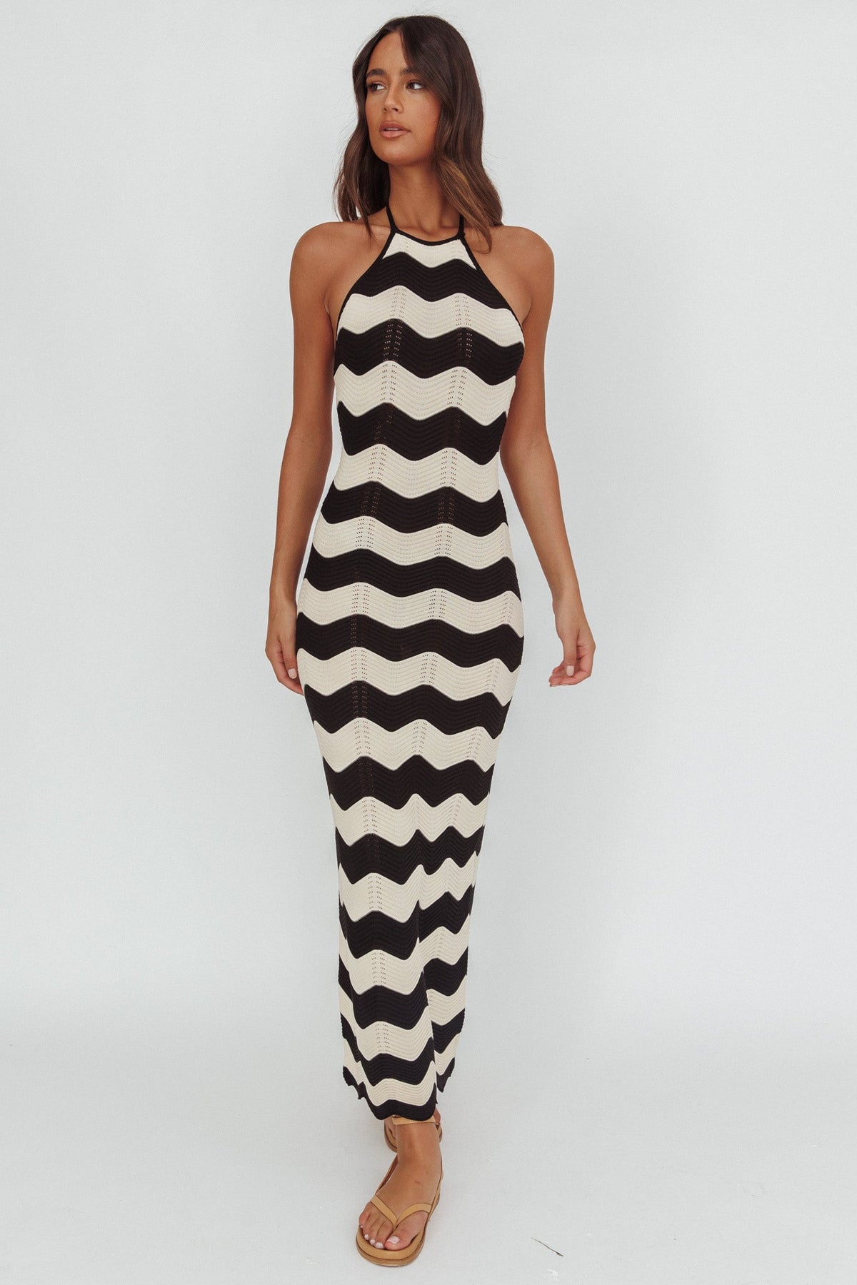 Yelena Halter Neck Knit  Maxi Dress Zig-Zag Cream