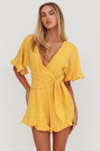 Karin Frill Trim Waist Tie Romper Mustard