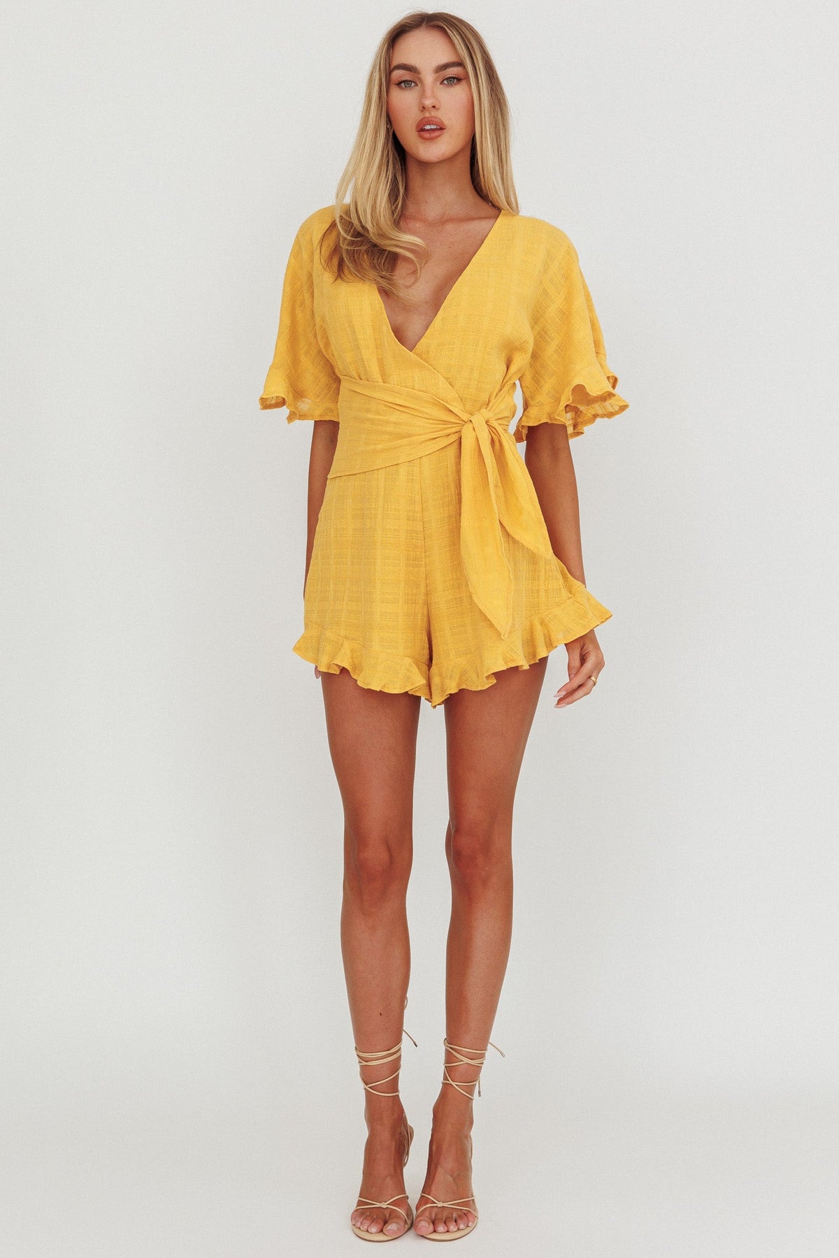 Karin Frill Trim Waist Tie Romper Mustard