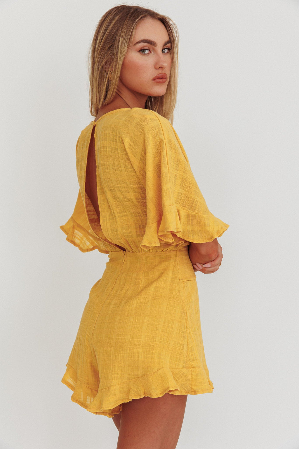 Karin Frill Trim Waist Tie Romper Mustard