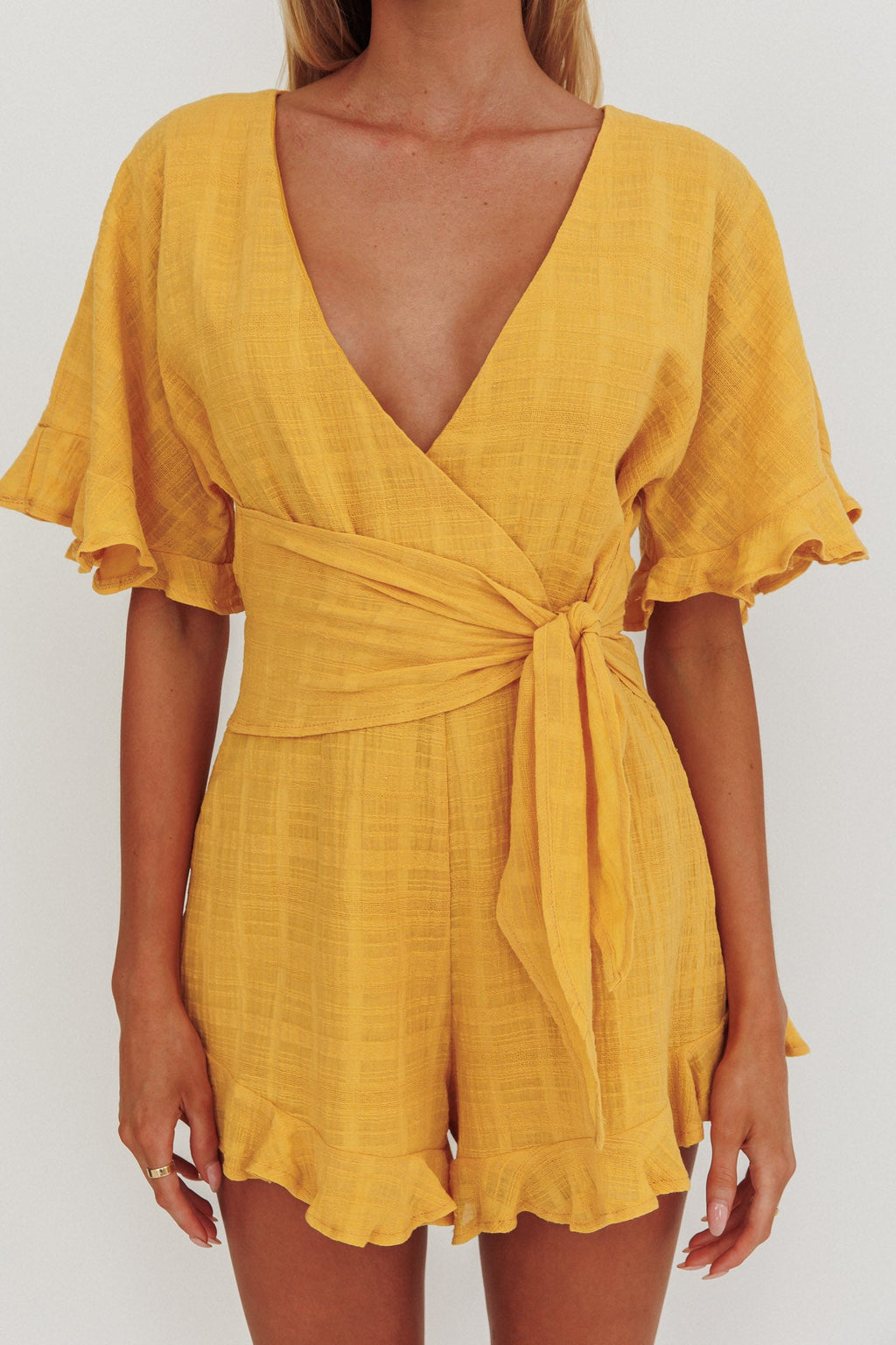 Karin Frill Trim Waist Tie Romper Mustard