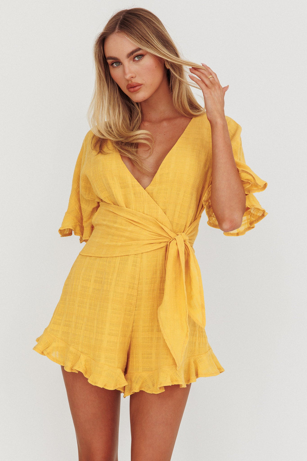 Karin Frill Trim Waist Tie Romper Mustard