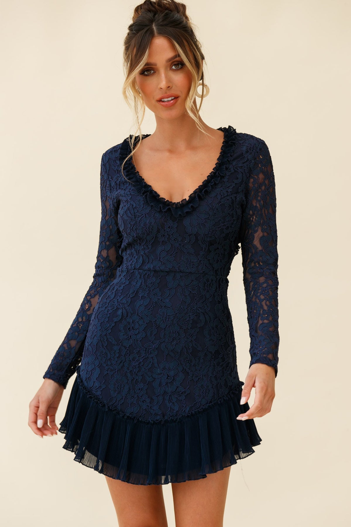 Isabella Long Sleeve Open Back Lace Dress Navy Main image