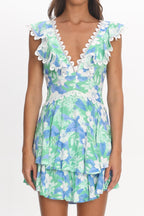Charade Ruffle Shoulder Corset Back Dress Floral Green