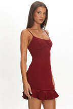 Aces Cami Strap Ruffle Hem Mini Bodycon Dress Wine