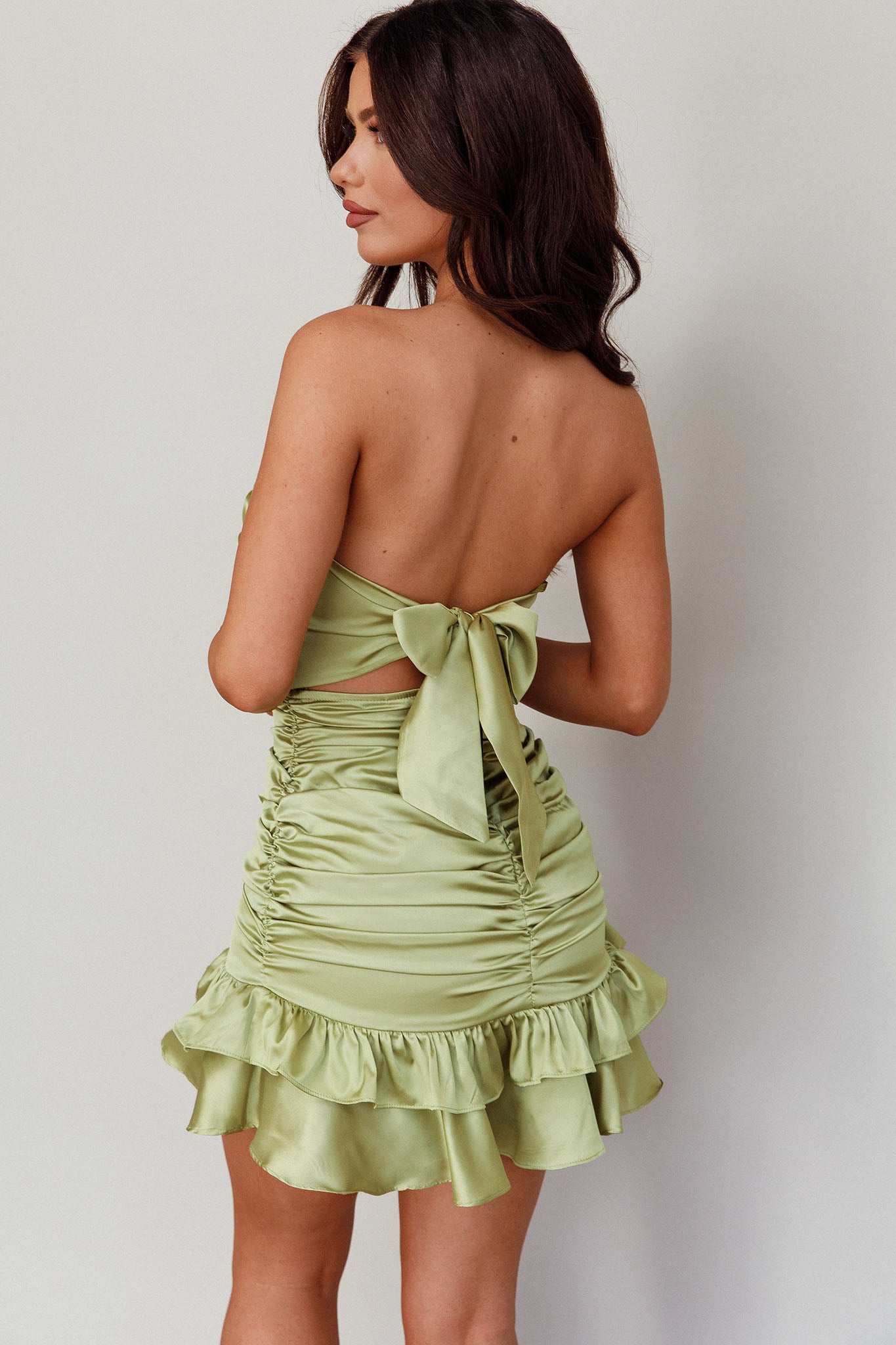 Annabella Strapless Tied Back Frill Hem Mini Dress Olive Secondary image