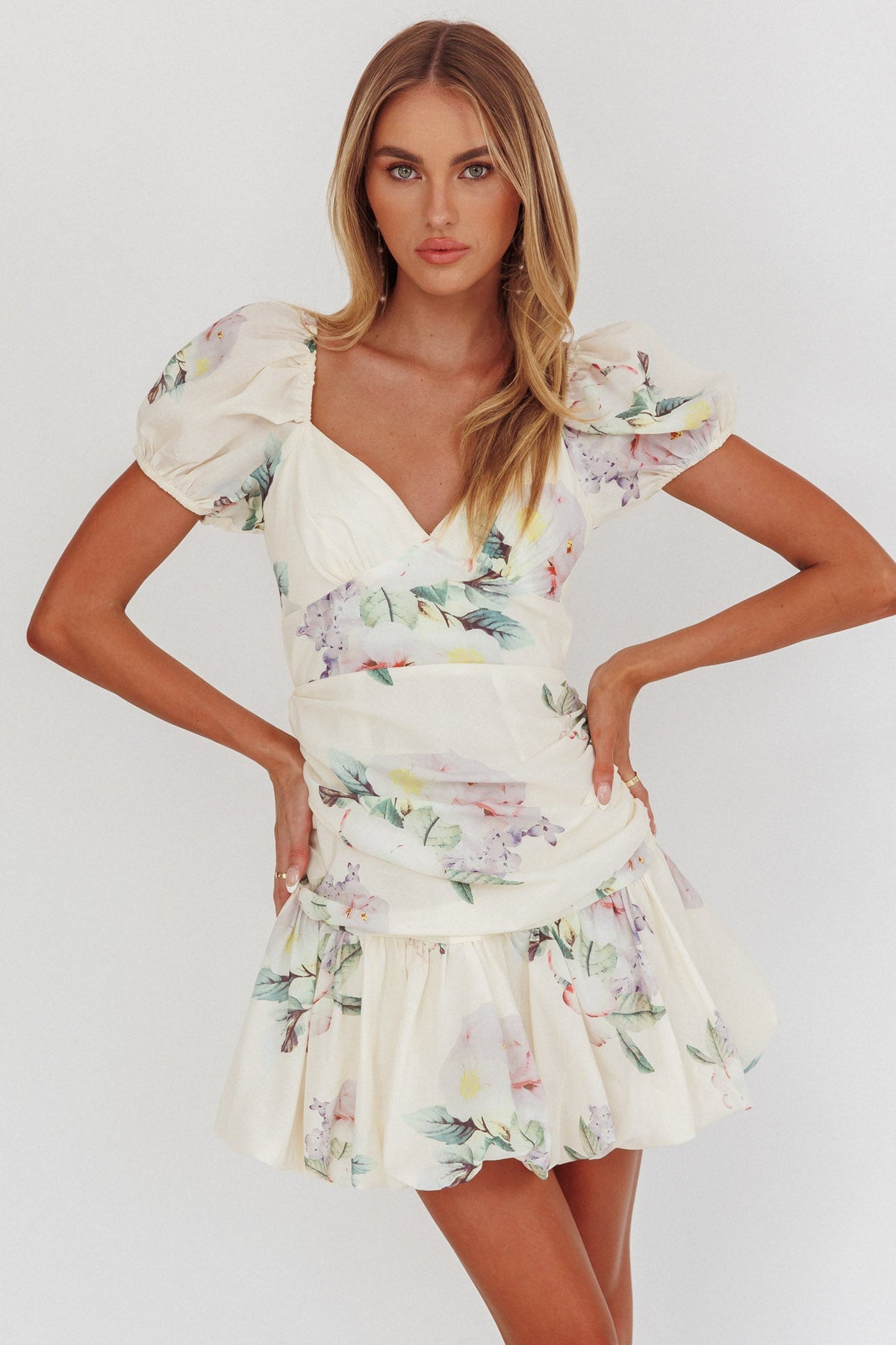 Annabella Puff Sleeve Tied Back Mini Dress Floral Butter Main image