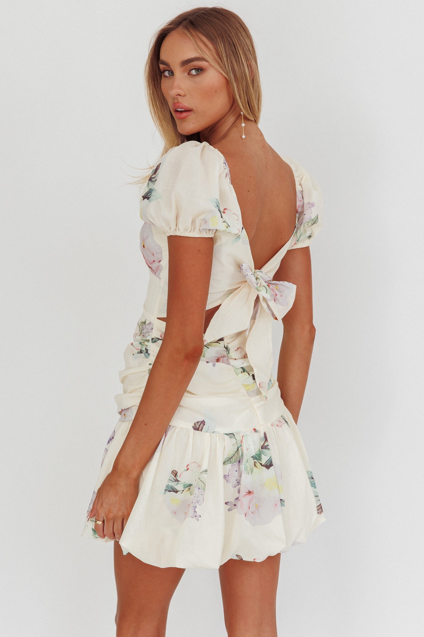 Annabella Puff Sleeve Tied Back Mini Dress Floral Butter Secondary image