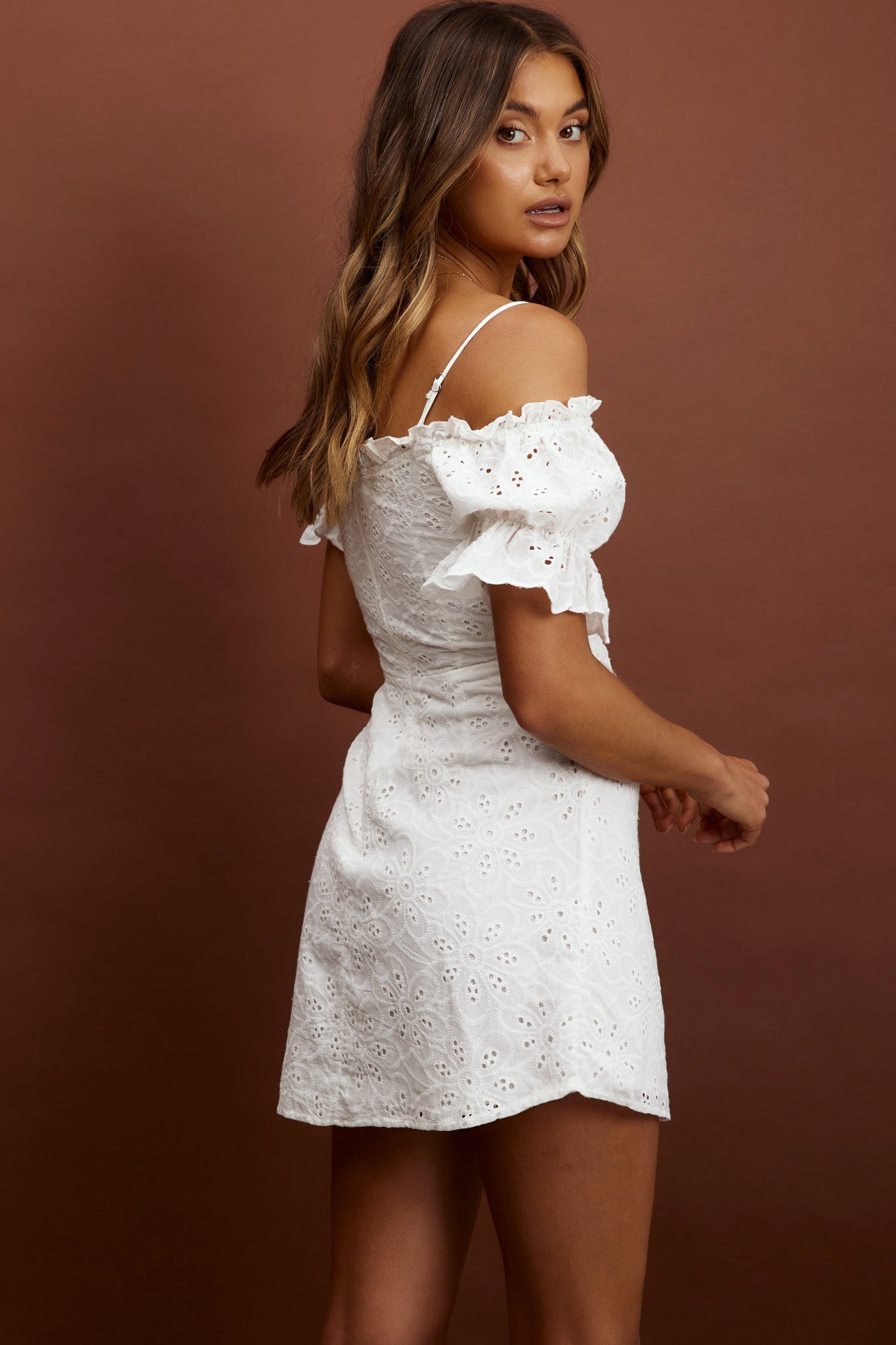 Toluca Puff Sleeve Frill Trim Eyelet Dress White Secondary image