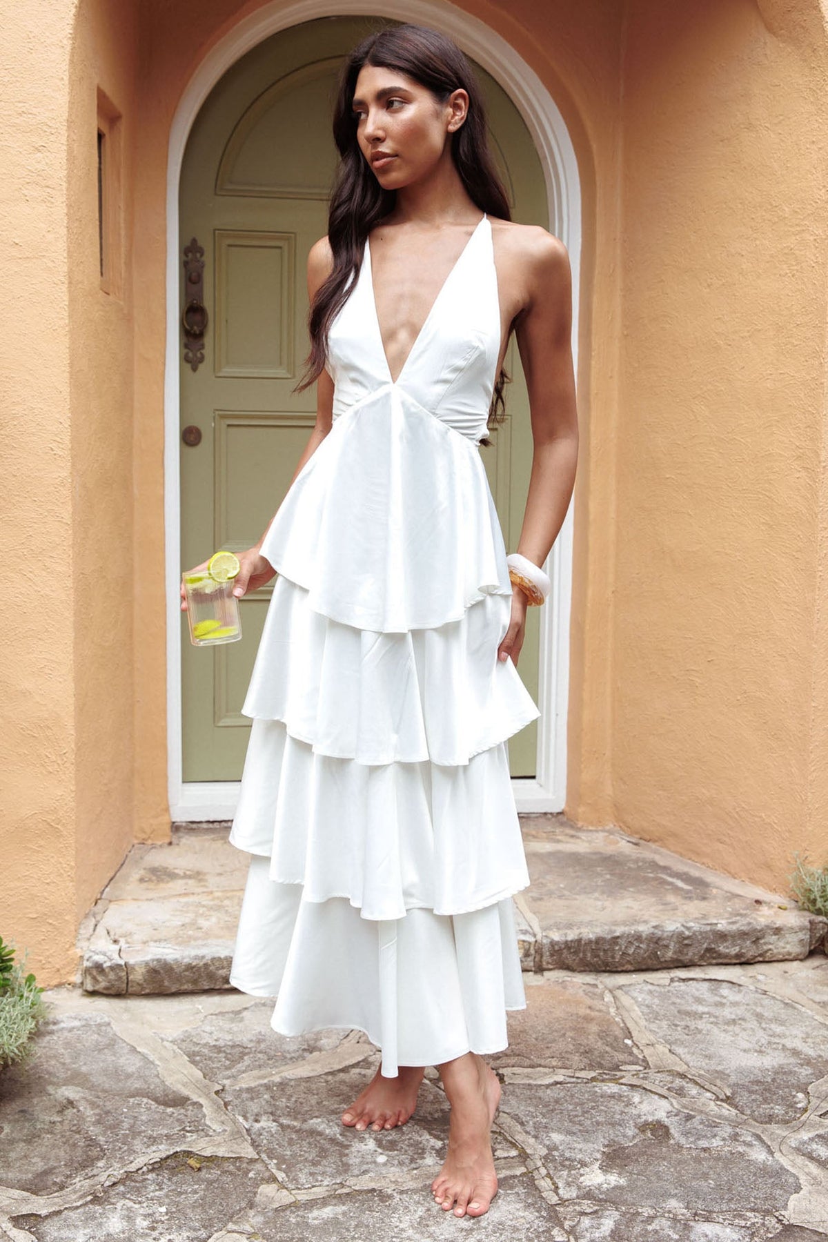 Auguste Tiered Frill Strappy Back Dress Ivory Main image