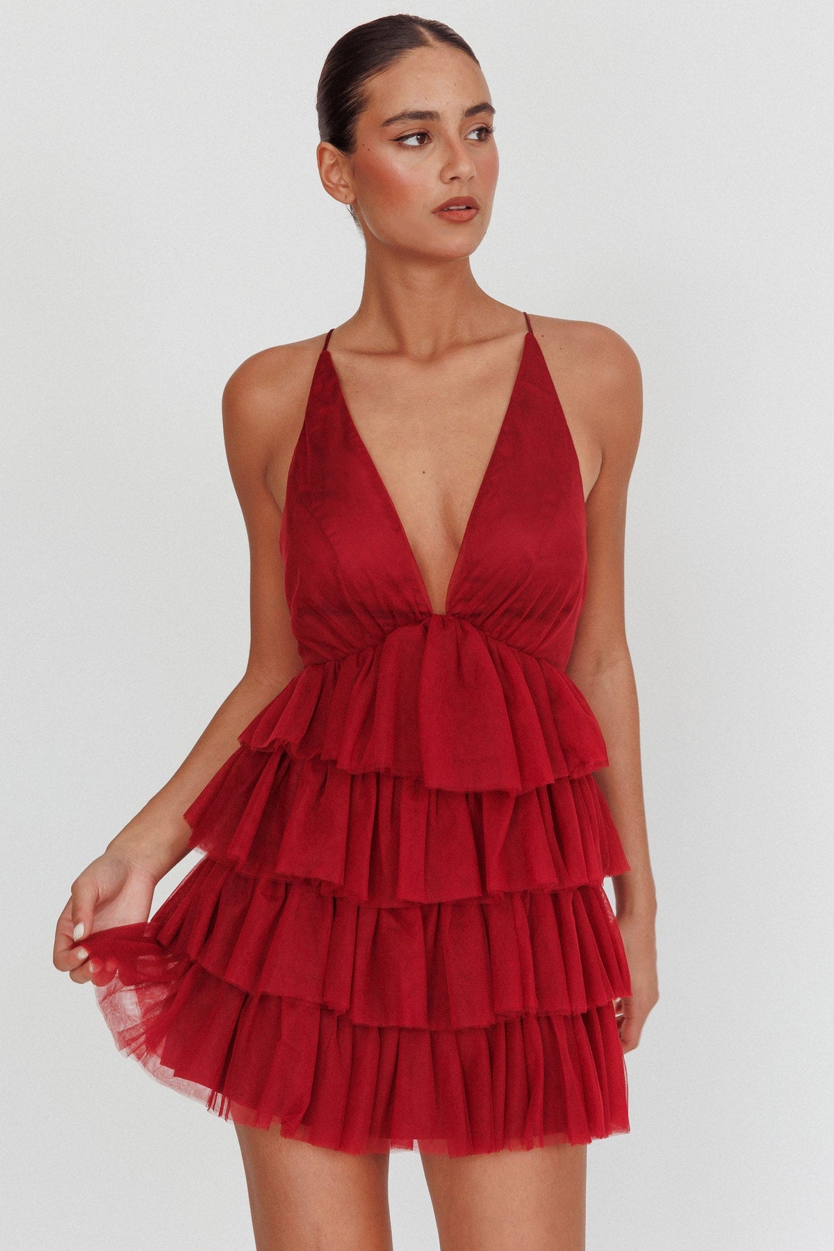 Auguste Tiered Frill Mini Dress Burgundy Main image