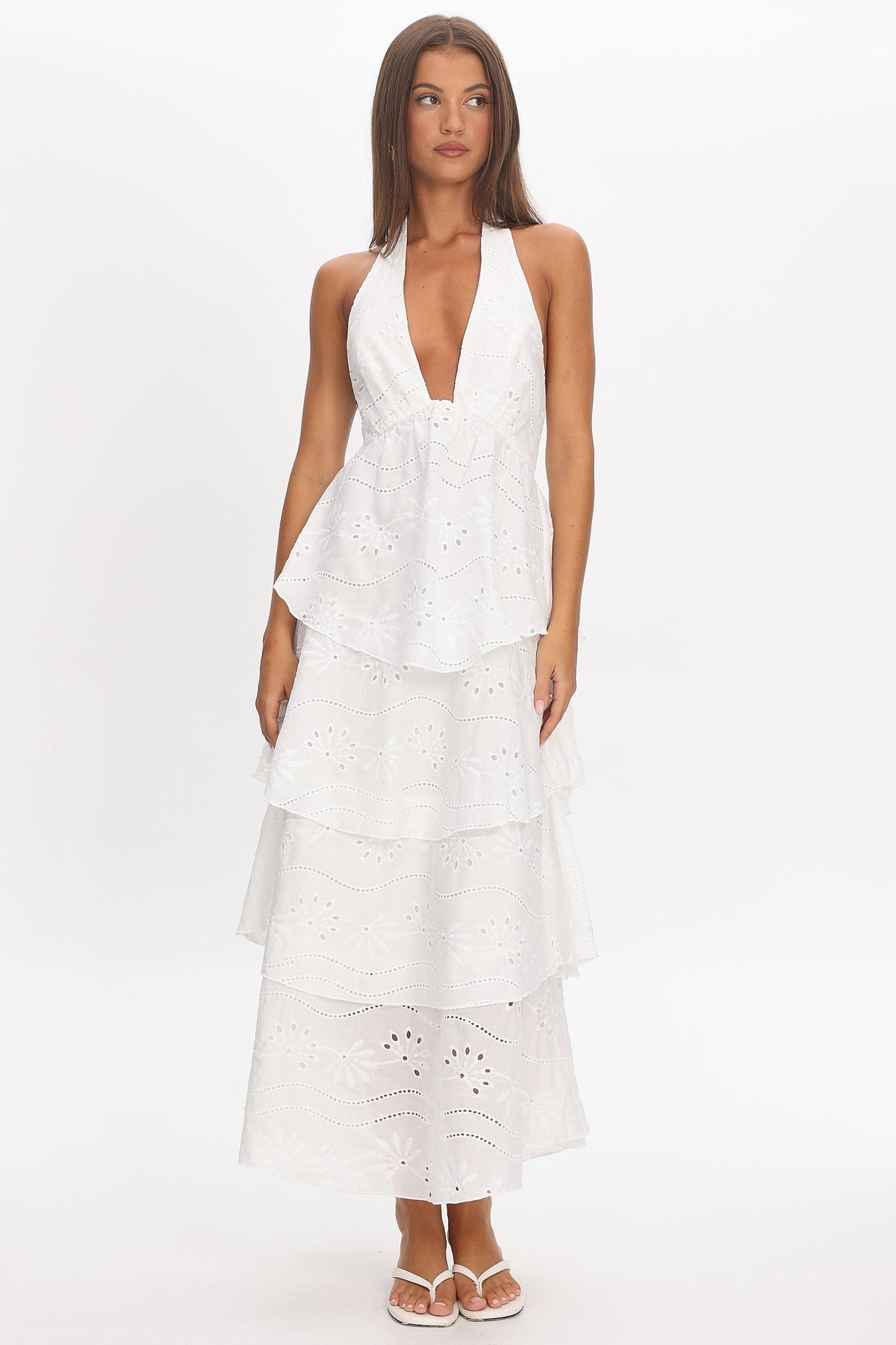 Catalina Tiered Halter Maxi Dress Eyelet White