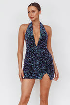 Zurie Plunging Halter Mini Dress Sequin Purple