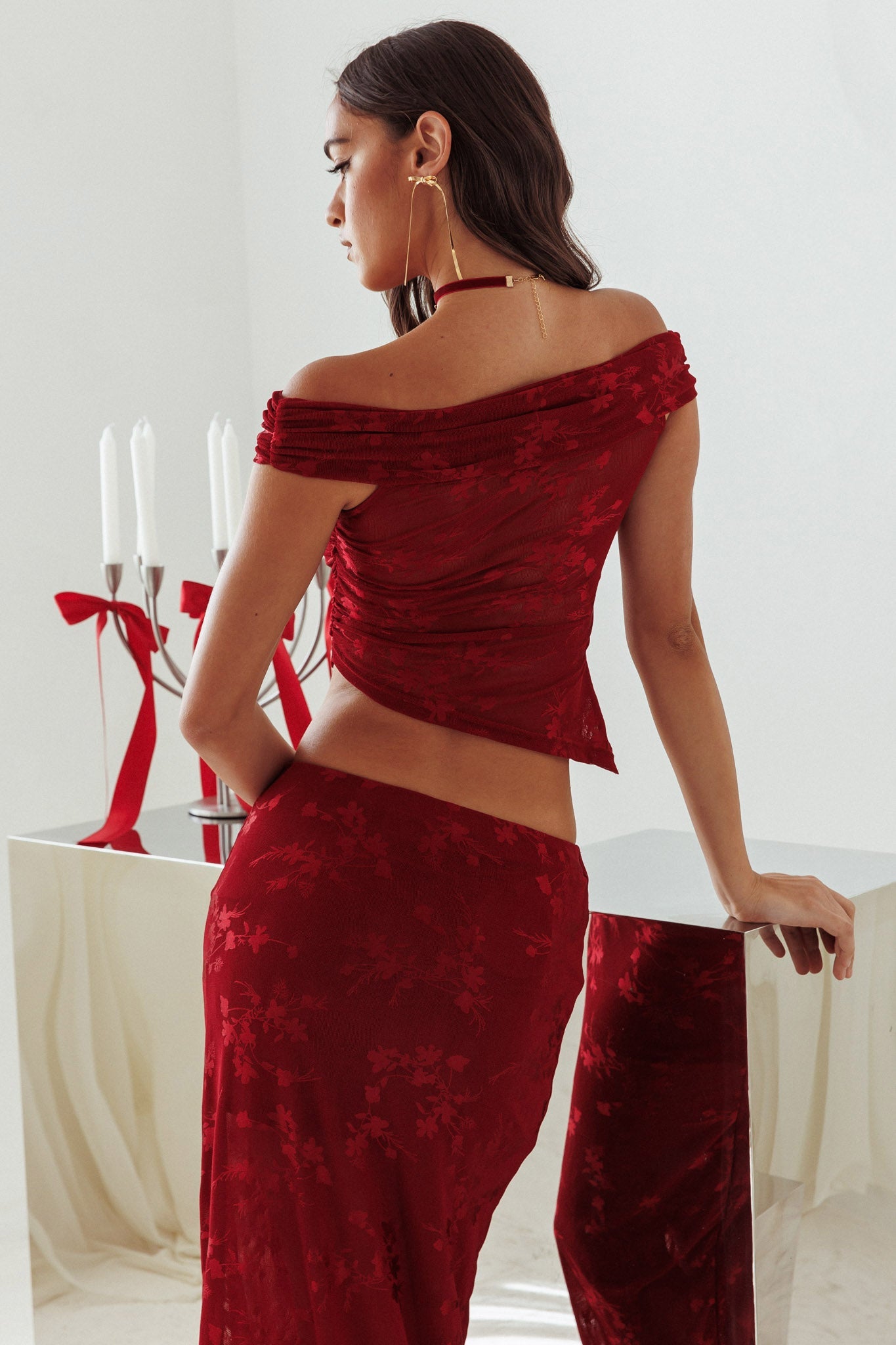 After Party Off-Shoulder Mesh Top Burgundy Secondary image