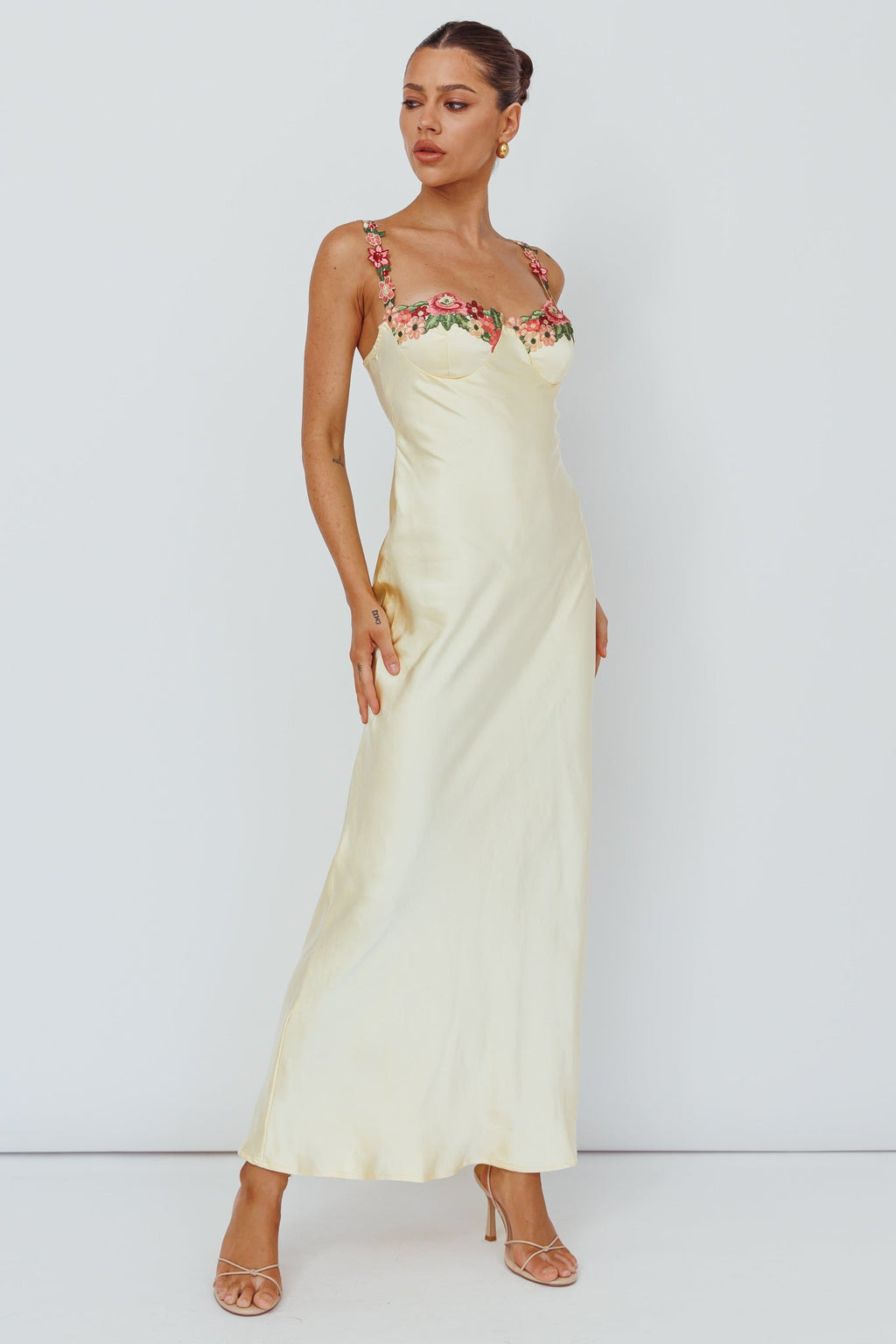 Rose Garden Floral Applique Midi Dress Yellow