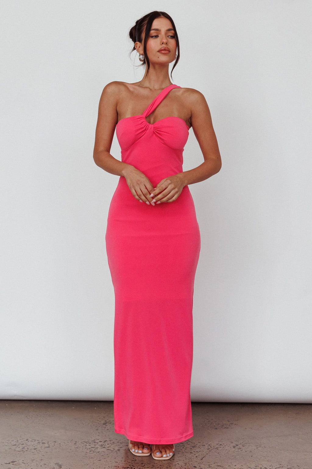 Trinny One-Shoulder Ruched Back Midi Dress Hot Pink