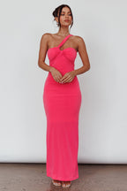 Trinny One-Shoulder Ruched Back Midi Dress Hot Pink