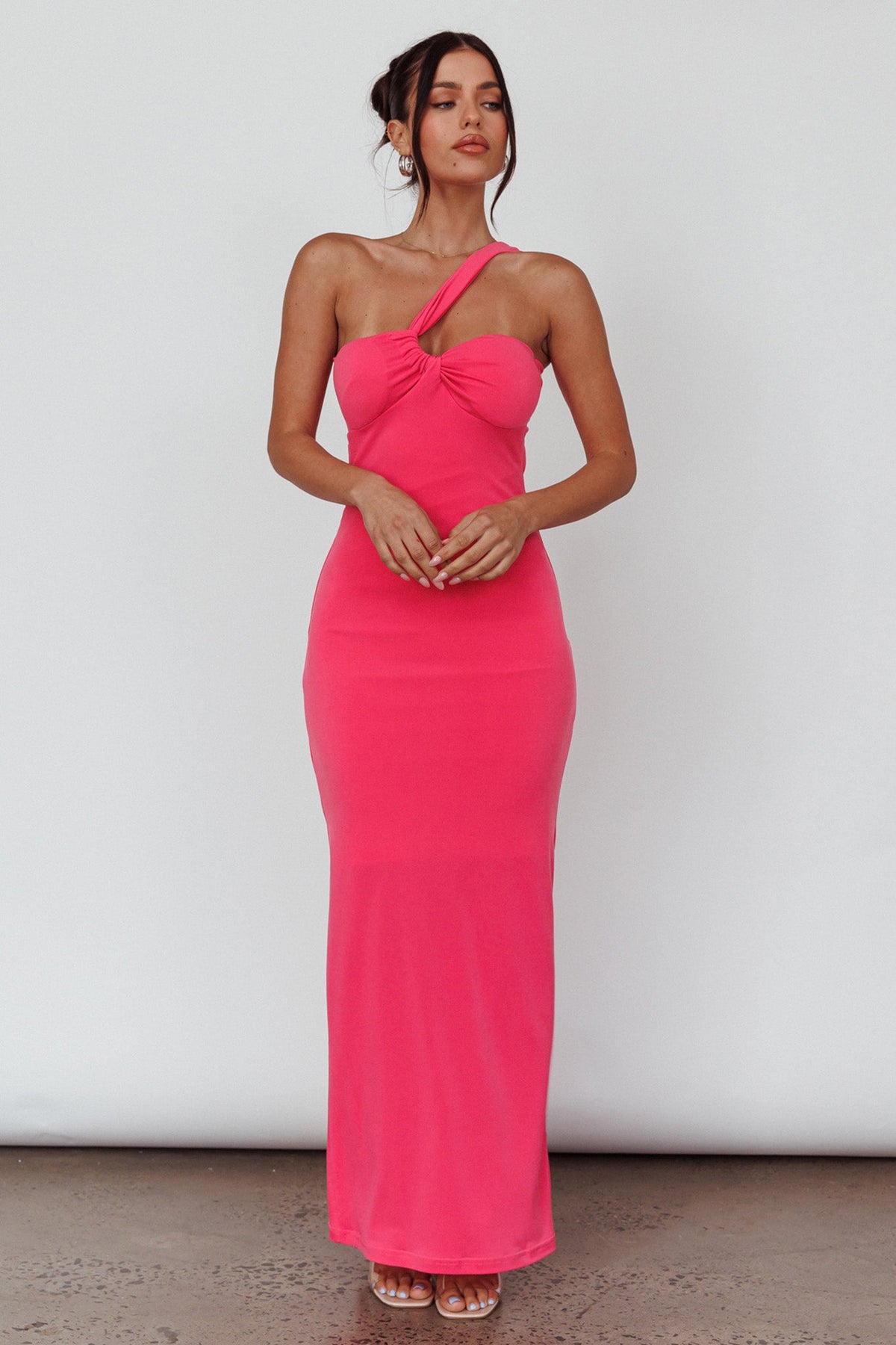 Trinny One-Shoulder Ruched Back Midi Dress Hot Pink