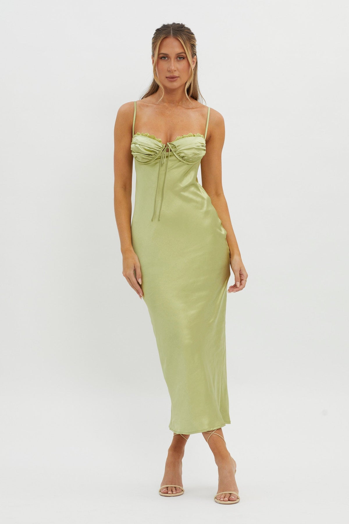 Fortune Lace Trim Bust Tie Midi Dress Lime Main image