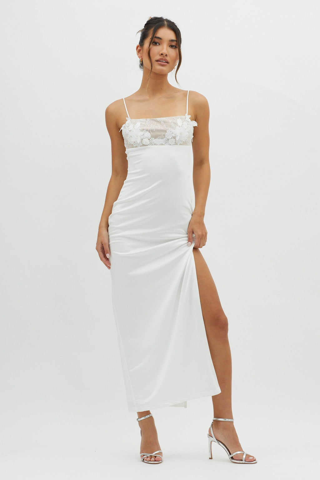 Misha Embellished Bust Midi Dress White