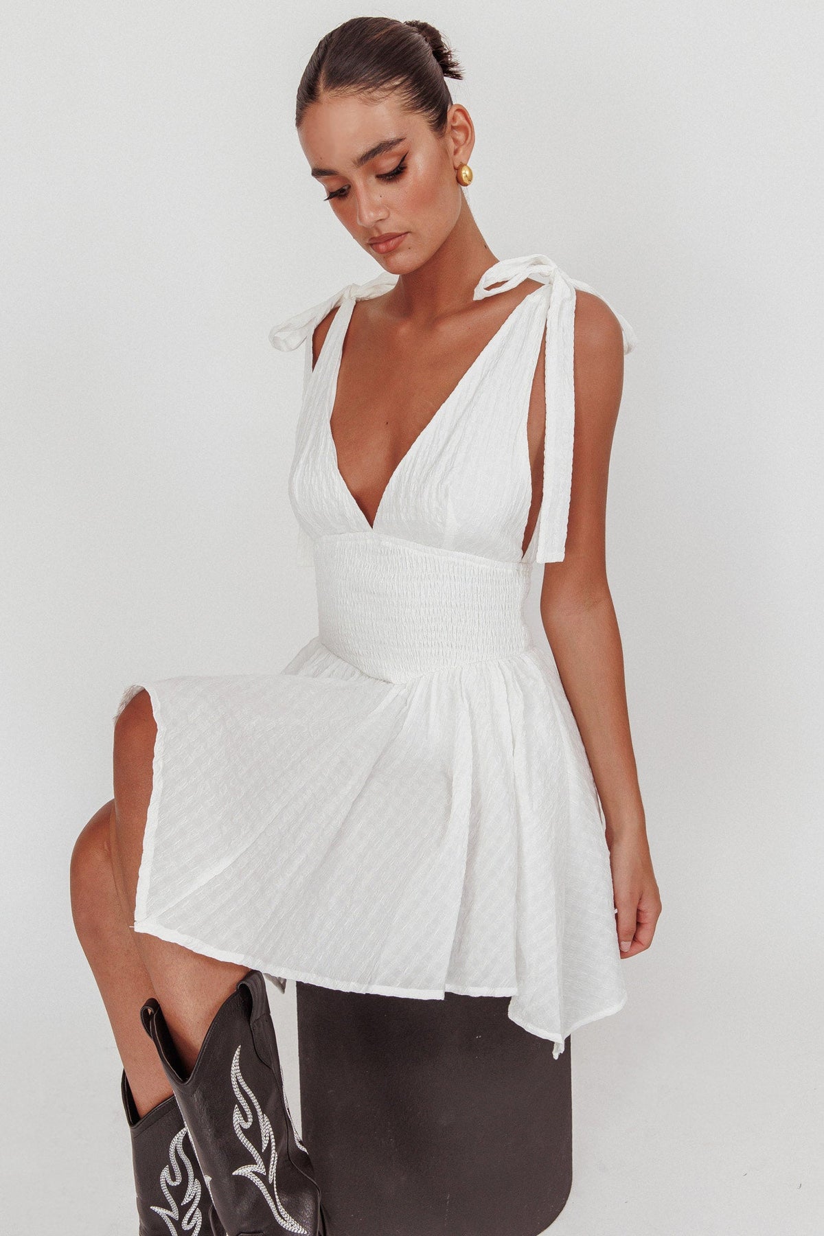 Lido Tied Shoulder Shirred Romper White