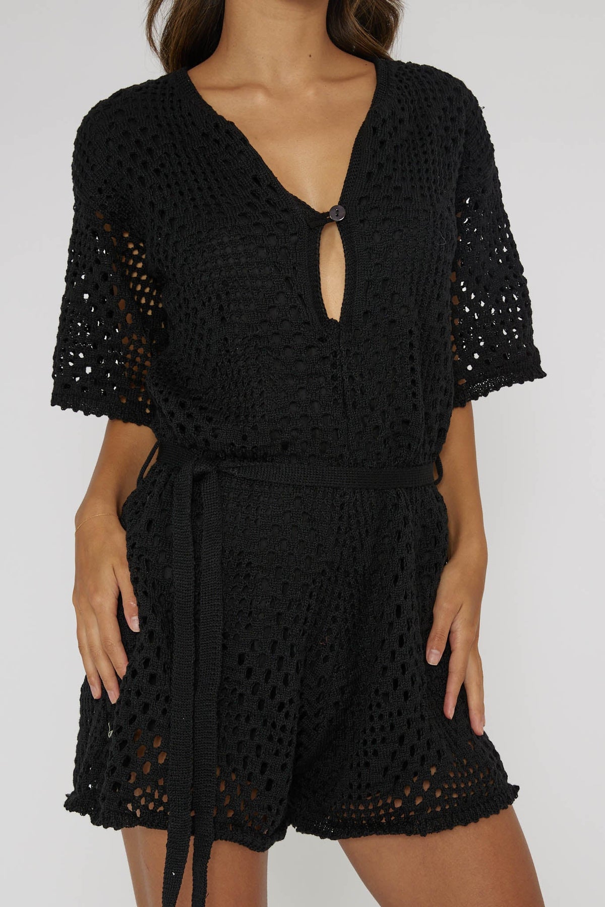 Asana Crochet Button Romper Black
