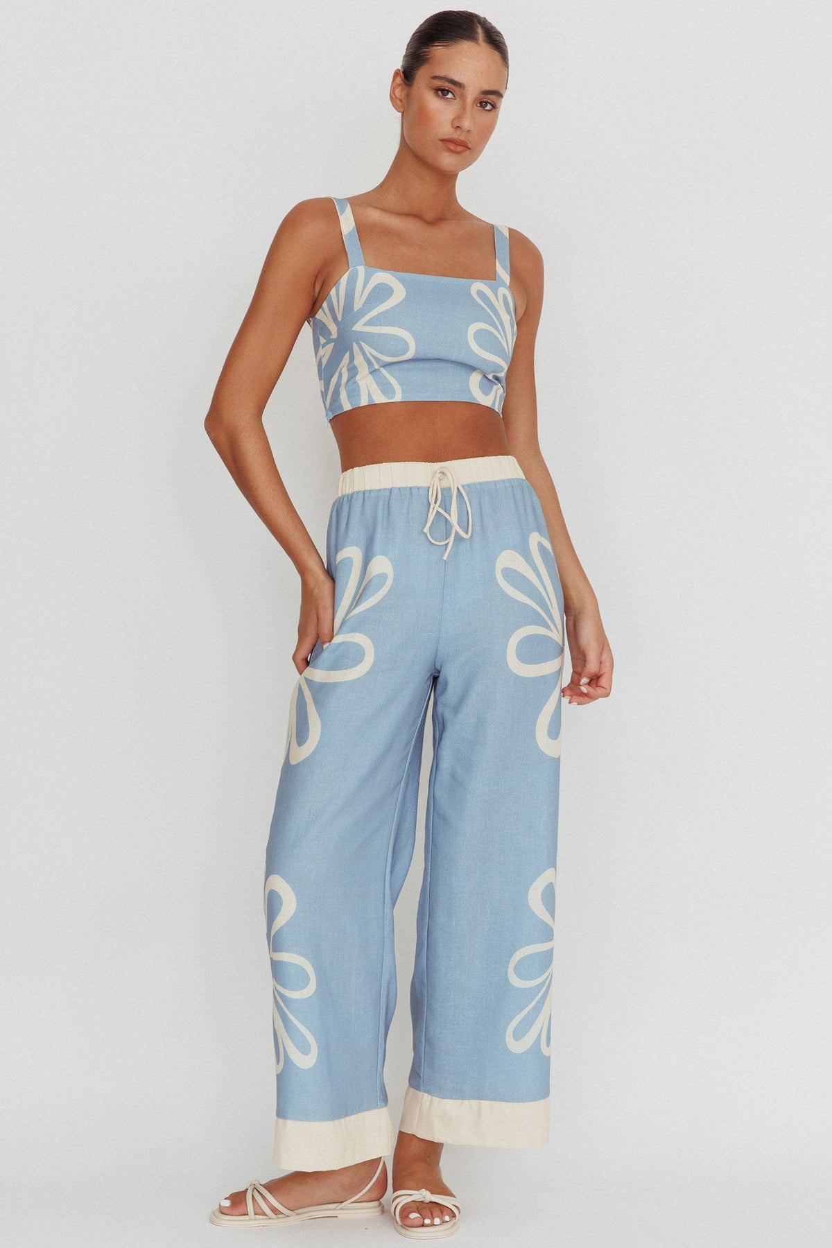 Briar Floral Wide Leg Pants Beige Blue