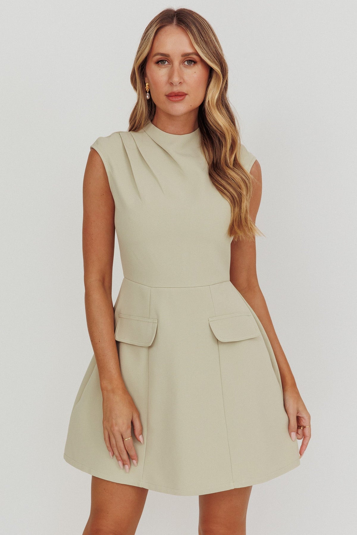 Thandi Pleat Shoulder Faux Pocket Mini Dress Sage Main image