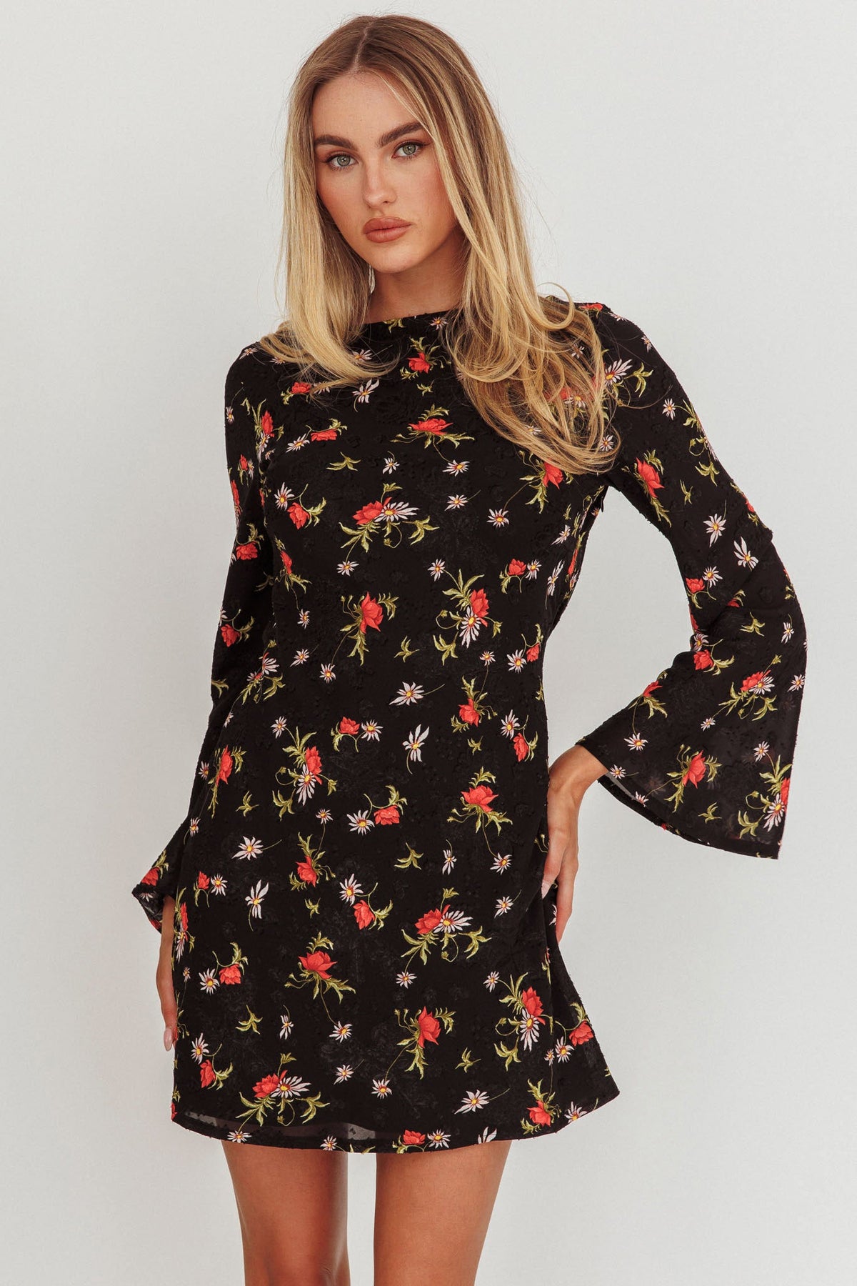 Thriller Long Sleeve Backless Mini Dress Floral Black Main image