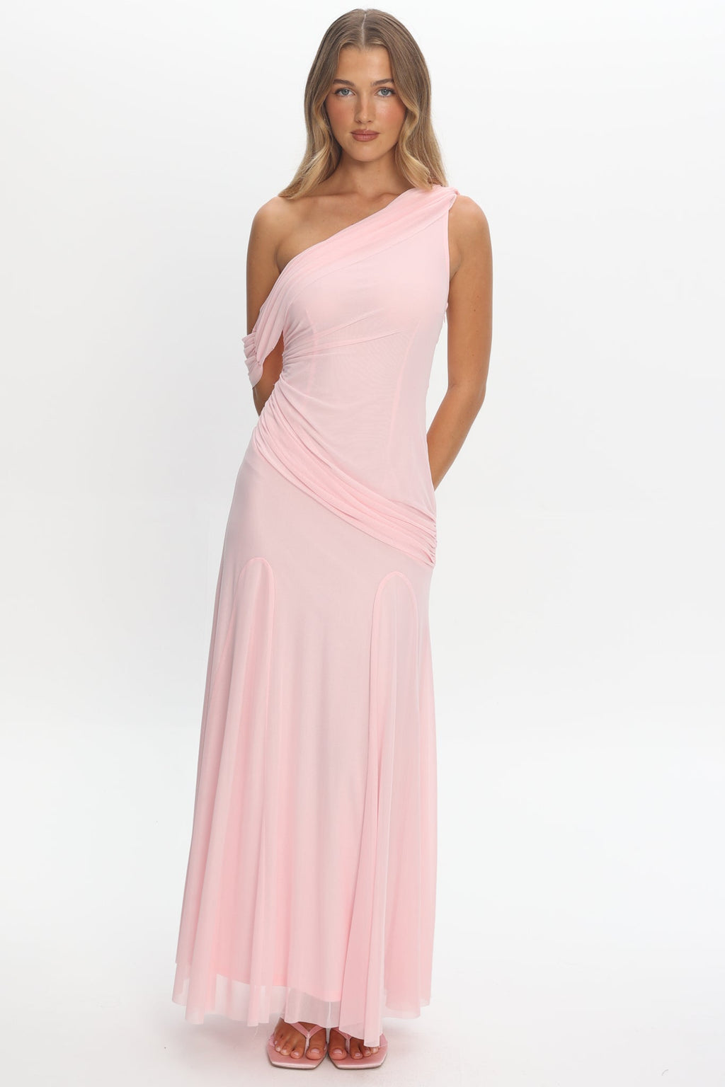 Anaisa Asymmetric Neckline Draped Maxi Dress Light Pink