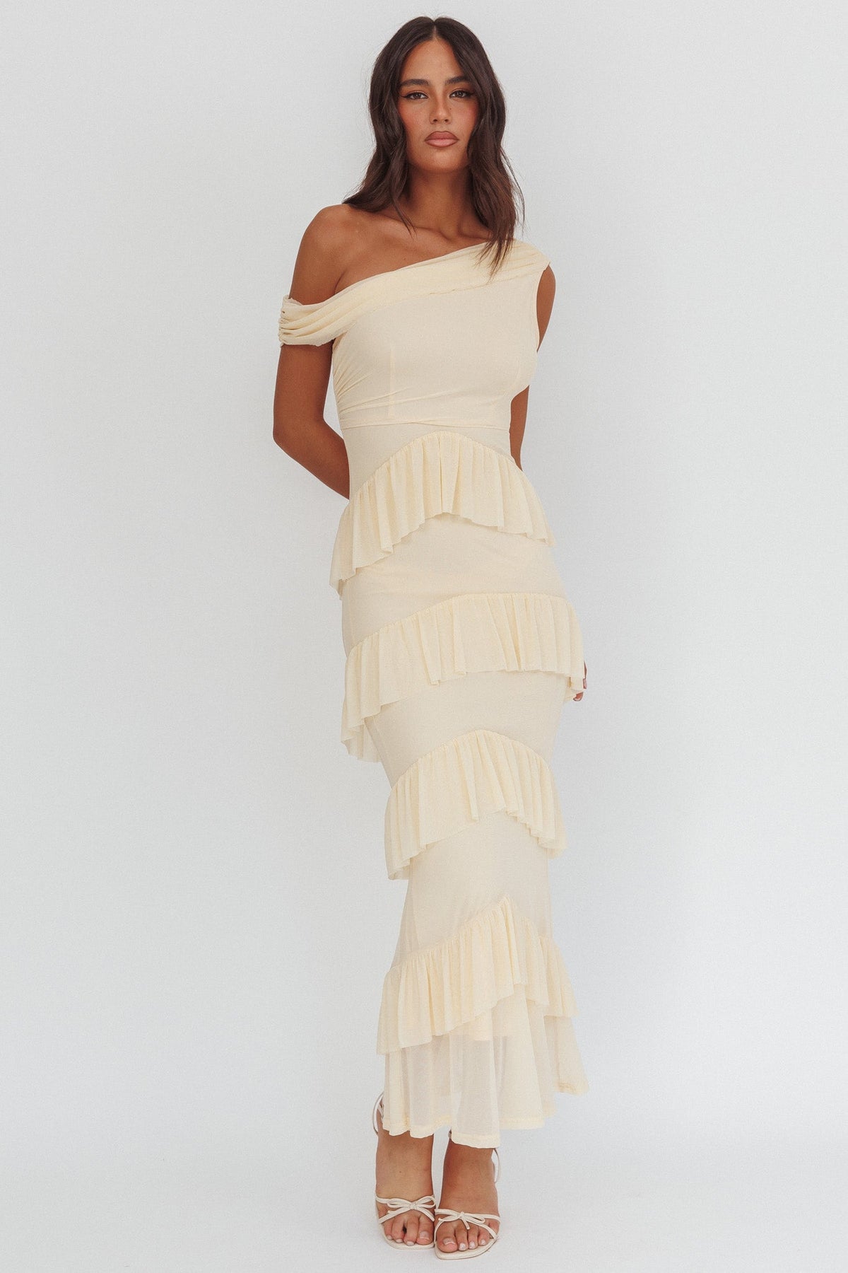 Anaisa Asymmetric Neckline Frill Maxi Dress Cream Main image