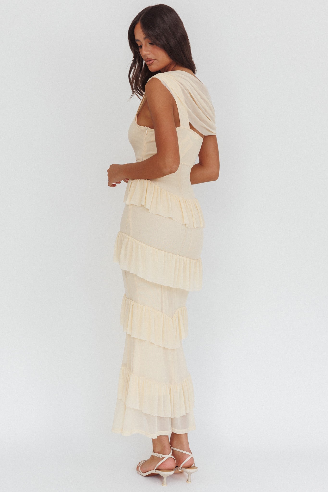 Anaisa Asymmetric Neckline Frill Maxi Dress Cream Secondary image