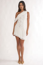 Anaisa One-Shoulder Draped Mini Dress Embellished Off White