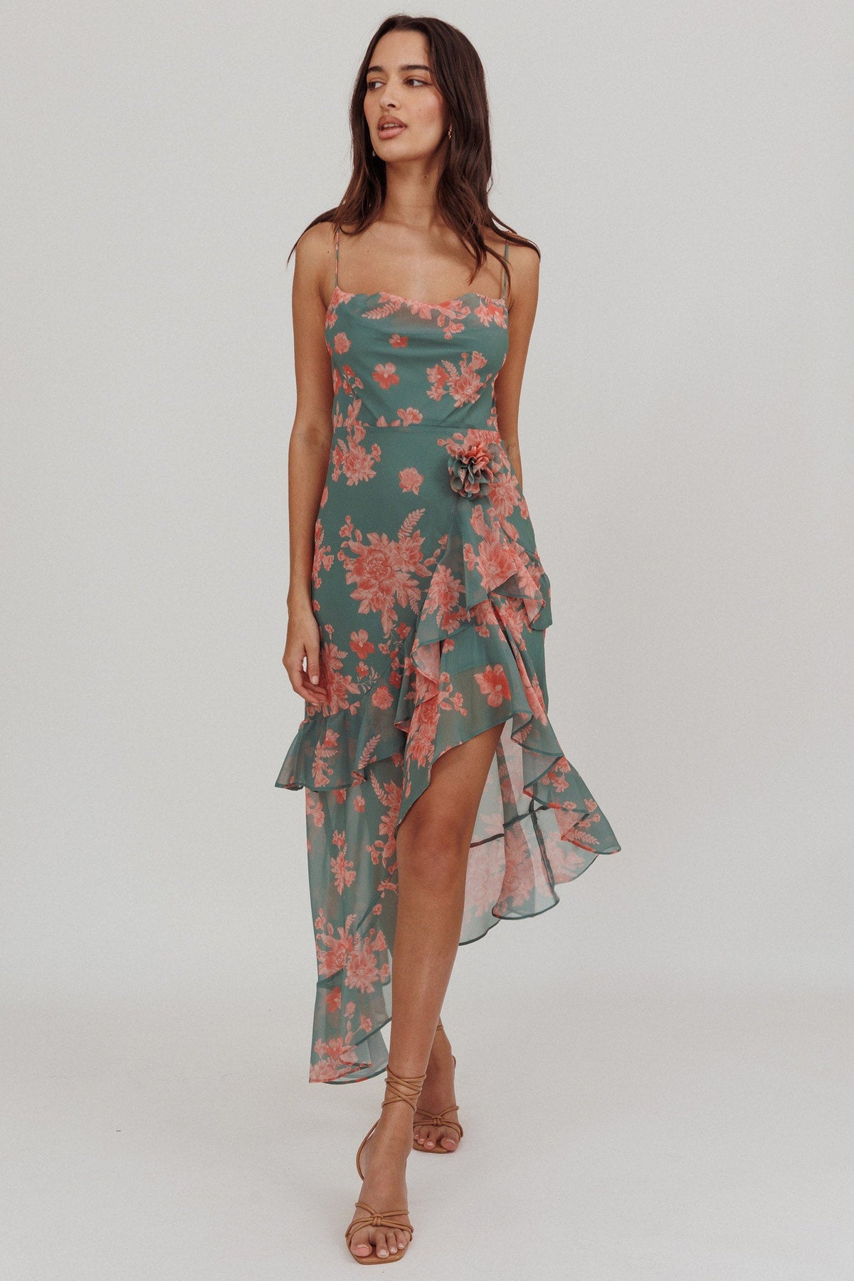 Chances Rosette Ruffle Midi Dress Floral Mint Main image