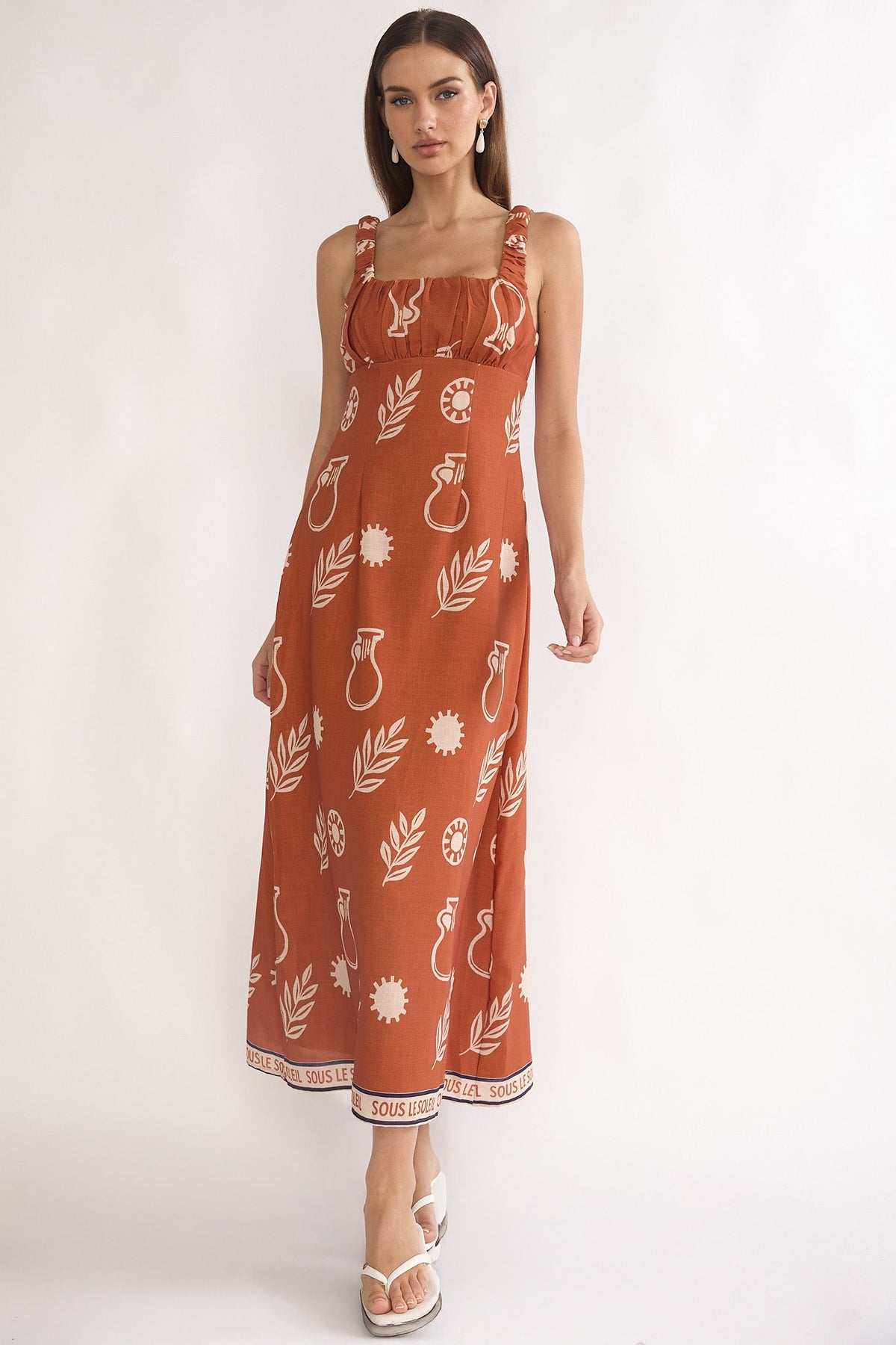 Aila Gathered Bust Maxi Dress Print Tan Main image
