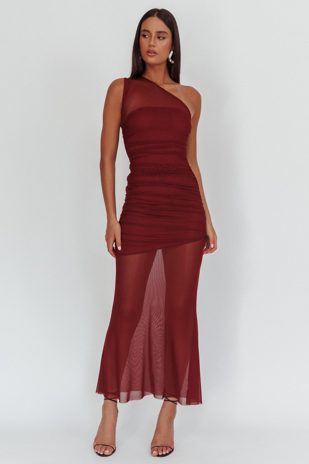 Verity One-Shoulder Sheer Maxi Dress Wine Main image